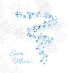 Christmas design element from flying lines, music notes and snowflakes. Winter holiday decoration on the light background from snow.