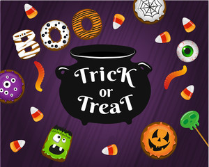 Trick or treat vector illustration. Halloween traditional elements, texts and realistic sweets for greeting card, invitations, poster, web banner, flyer design.