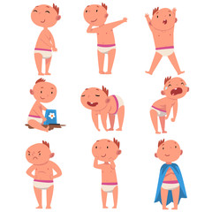 Fototapeta premium Child characters. Baby girl in different situations cartoon vector illustration