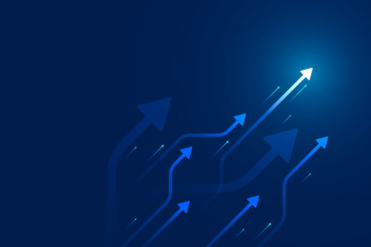 Up Arrows Circuit Style On Blue Background Illustration, Copy Space Composition, Digital Growth Concept.