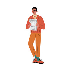 Guy stands and holds a stack of papers cartoon vector illustration