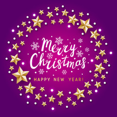 Fototapeta na wymiar Christmas greeting card with golden stars decor on violet background - vector round frame for winter holiday design