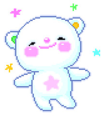 Bear pixel art on white background.