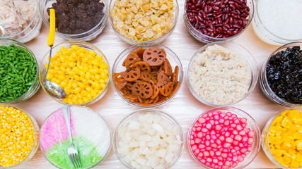 ingredient of thai dessert in glass bowl, top view