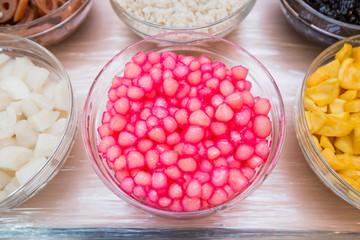 ingredient of thai dessert in glass bowl, top view, Tub Tim Grob