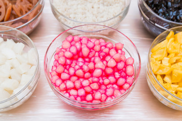 ingredient of thai dessert in glass bowl, top view, Tub Tim Grob