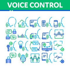 Voice Control Collection Elements Icons Set Vector Thin Line. Voice Controlling Smart House And Car, Laptop And Smartphone Concept Linear Pictograms. Monochrome Contour Illustrations