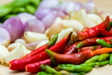 Full frame of Chilli,Garlic,Red onion,Parkia speciosa (Petai) herb and spicy ingredients.