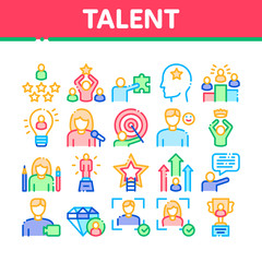 Obraz na płótnie Canvas Human Talent Collection Elements Icons Set Vector Thin Line. Idea And Target, Diamond And Star, Signer, Speaker And Actor Talent Concept Linear Pictograms. Monochrome Contour Illustrations