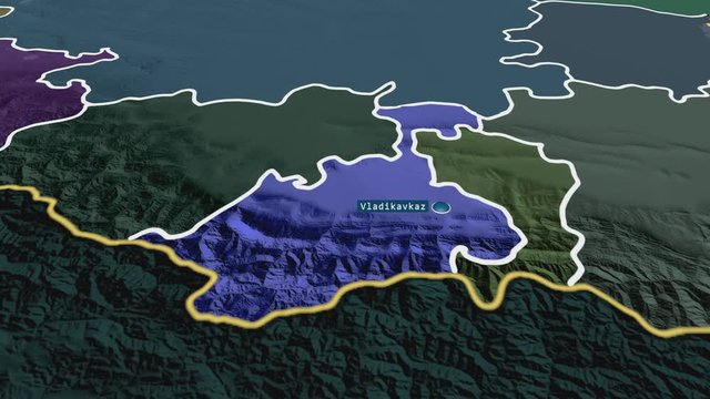 North Ossetia - republic of Russia (territory after annexation of Crimea in 2014) with its capital zoomed on the administrative map of the globe. Animation 3D