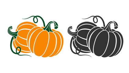 Pumpkins with leaves, silhouette on white background.