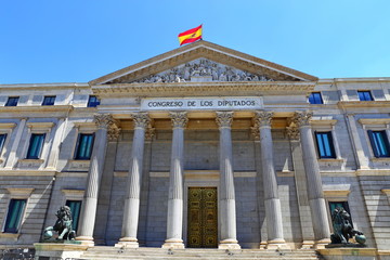 Fototapeta na wymiar Front view of Palacio de las Cortes or Congreso de los Diputados (Congress of Deputies) building in Madrid, Spain