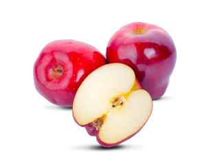 Red apple whole and halves piece isolated on white background