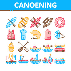 Canoeing Collection Elements Icons Set Vector Thin Line. Canoe Transportation On Car And Canoening Protection Safety Life Equipment Concept Linear Pictograms. Monochrome Contour Illustrations