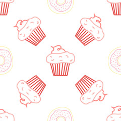 Seamless morning vector pattern. Sketch graphic text illustation. Muffin icon. Donut
