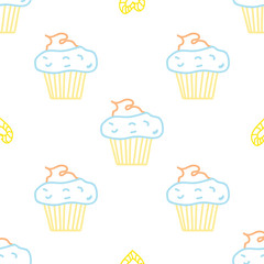 Seamless morning vector pattern. Sketch graphic text illustation. Muffin icon