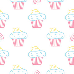 Seamless morning vector pattern. Sketch graphic text illustation. Muffin icon