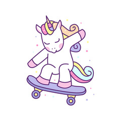 Cute Unicorn Playing Skate Board Illustration, ready for print.