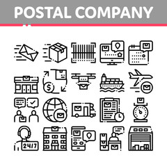Postal Transportation Company Icons Set Vector Thin Line. Hotline Support And Postal Building, Ship And Airplane, Drone Delivery And Truck Concept Linear Pictograms. Monochrome Contour Illustrations