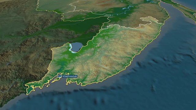 Primor'ye - territory of Russia (territory after annexation of Crimea in 2014) with its capital zoomed on the physical map of the globe. Animation 3D