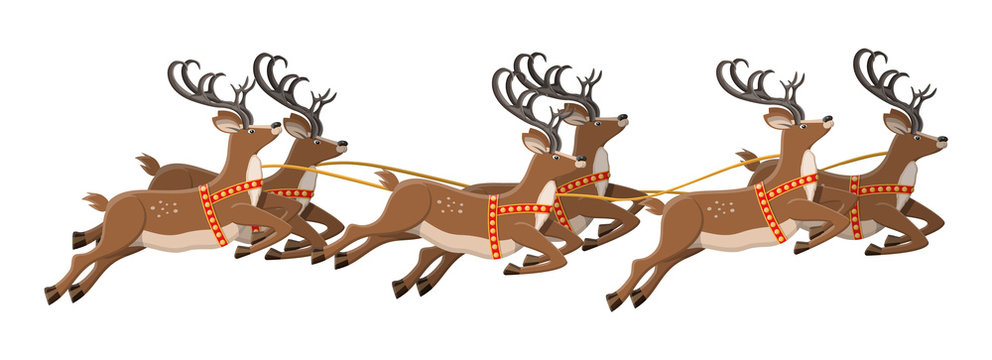 Cute jumping deer with antlers. Herd of reindeers. Happy new year decoration. Merry christmas holiday. New year and xmas celebration. Vector illustration in flat style