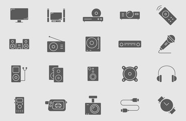 Digital video and audio equipment icons set - Vector solid silhouettes of media technology and television for the site or interface