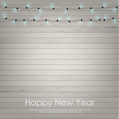 Christmas greeting card with garlands on white wooden background. Vector