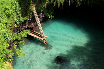 To-Sua Ocean Trench is located on the southeast coast of Upolu Island in Samoa. Its a massive swimming hole filled with blue water and surrounded by lush vegetation. 