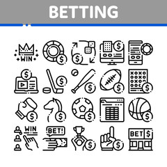 Betting And Gambling Collection Icons Set Vector Thin Line. Basketball And Baseball, Hockey And Boxing, Horse Racing And Card Game Betting Concept Linear Pictograms. Monochrome Contour Illustrations