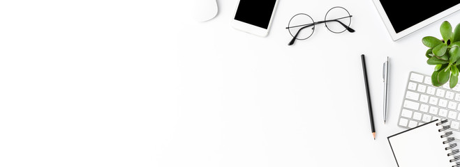 Elegant office desktop with business accessories and copyspace. Top view