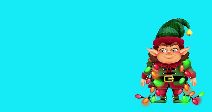 4k Animated illustration of happy Christmas elf with blinking string lights waving on easy to replace blue screen background