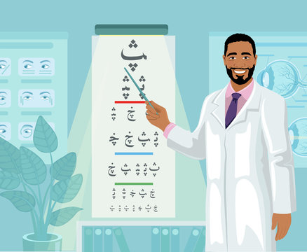 Young Arab man ophthalmologist conducts a visual acuity test. Arabian oculist in medical office shows eye chart. Vector illustration