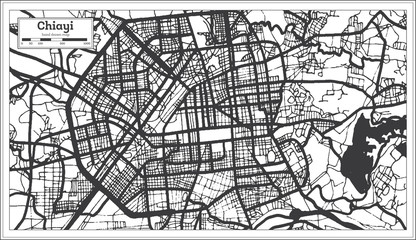 Chiayi Taiwan City Map in Black and White Color. Outline Map.