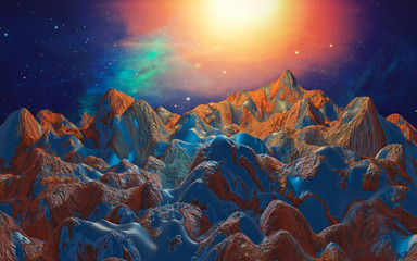 Obraz premium Abstract rock mountain landscape with nebula sky and sun. 3D rendering