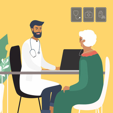 Doctor Examining And Consulting An Old Woman At The Clinic. Care Of Elderly People Medical Concept With Doctor And Patient.  Bright Vector Illustration In Trendy Flat Style