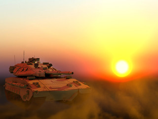 Fototapeta na wymiar sand camo tank with fictional design on sunset, high detail patriotic concept - military 3D Illustration