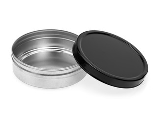 Open tin can with black lid isolated on a white background.