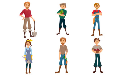 Male and female farmers with different tools. Vector illustration.
