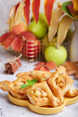 Delicious puff pastries with apples, plums and cinnamon. Sweet autumn dessert.