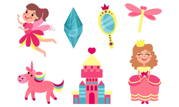 Set of pink magic items. Vector illustration.