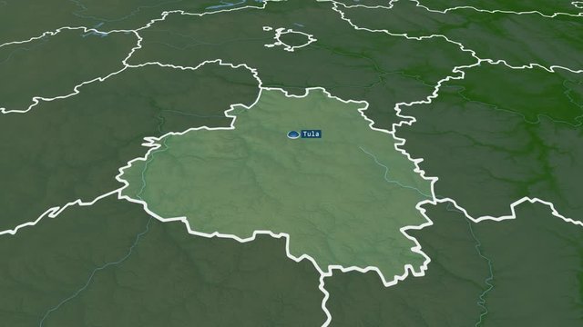Tula - region of Russia (territory after annexation of Crimea in 2014) with its capital zoomed on the physical map of the globe. Animation 3D