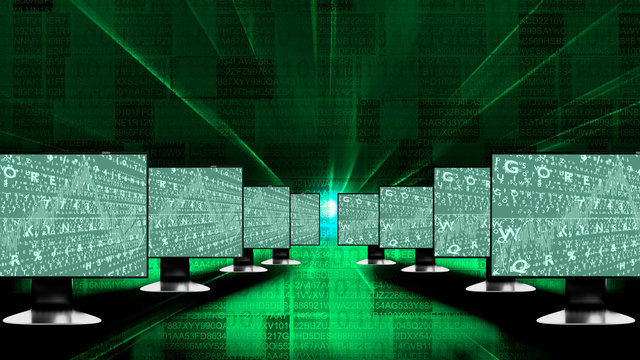 Numbers flow with computer screens, 3d illustration