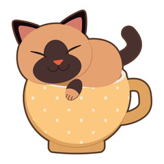The collection of cute cat sitting in the cup. The cat sitting in the mug cup. The cat relaxing on the cup. The character of cute cat in flat vector style.
