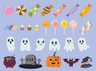 Fototapeta premium The collection of cute candy in halloween party. The collection of ghost design. The collection of halloween party on blue background in flat vector style.