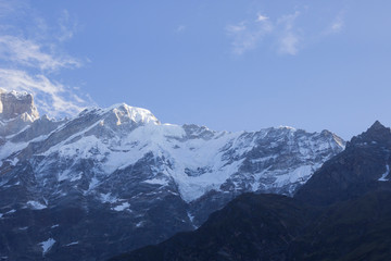 Landscape with snow mountains. Travel, alpinism concept. Copy space