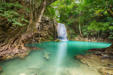 Scenic view of waterfall beautiful (erawan waterfall) in kanchanaburi province asia southeast asia Thailand, Travel Destinations Concept