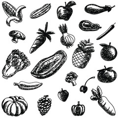 Fruits and vegetable seamless vector pattern.  A set of elements drawing by freehand with EPS10. Vector background of fruits and vagetable.  Healthy food.