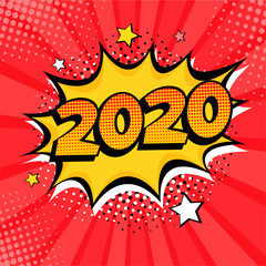 2020 New Year comic book style postcard or greeting card element. Vector illustration in pop art retro comic style.