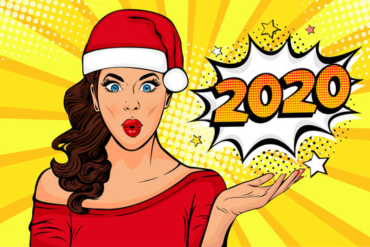 2020 New Year comic book style postcard or greeting card with WOW sexy young girl. Vector Illustration in pop art retro comic style.