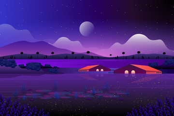 Purple starry night sky with red home landscape